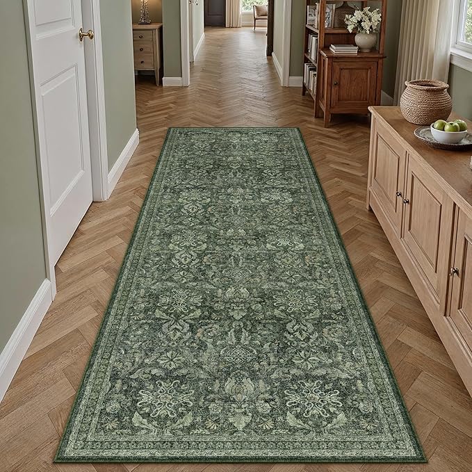 Dark Green 2x6 Runner Rug Washable Hallway Kitchen Vintage Carpet Indoor Non Slip Small Low Plie Thin Bedroom Bathroom Rug Retro Accent Throw Dining Living Room