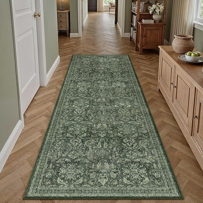Dark Green 2x6 Runner Rug Washable Hallway Kitchen Vintage Carpet Indoor Non Slip Small Low Plie Thin Bedroom Bathroom Rug Retro Accent Throw Dining Living Room