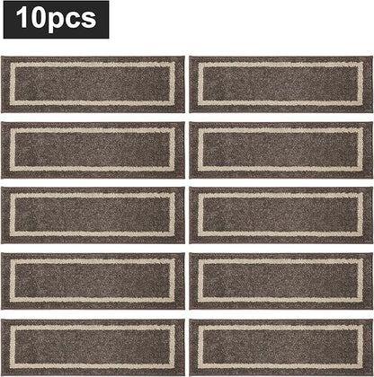 COSY HOMEER Soft Stair Treads Non-Slip Carpet Mat 28inX9in Indoor Stair Runners for Wooden Steps,Stair Rugs for Kids and Dogs, 100% Polyester TPE Backing 10pcs,Brown,Square
