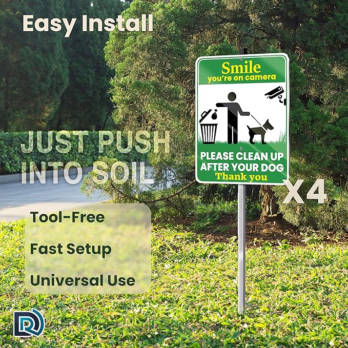 Clean Up After Your Dog Signs, Smile Youre on Camera Signs, 10 x 13 Inch Reflective Aluminum Outdoor Yard Signs with 28 Inch Metal Stake, 4 Pack