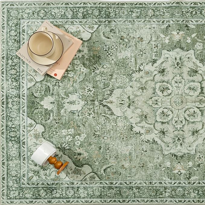 Green Runner Rug 2x8 Washable Vintage Long Carpet Low Pile Traditional Distressed Retro Accent Indoor Hallway Throw Rug Non Slip for Kitchen Laundry Bathroom Dining Room