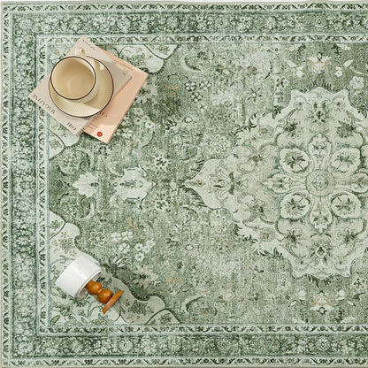 Green Runner Rug 2x8 Washable Vintage Long Carpet Low Pile Traditional Distressed Retro Accent Indoor Hallway Throw Rug Non Slip for Kitchen Laundry Bathroom Dining Room