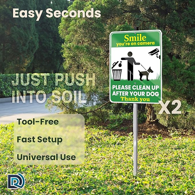Clean Up After Your Dog Signs, Smile Youre on Camera Signs, 10 x 13 Inch Reflective Aluminum Outdoor Yard Signs with 28 Inch Metal Stake, 2 Pack