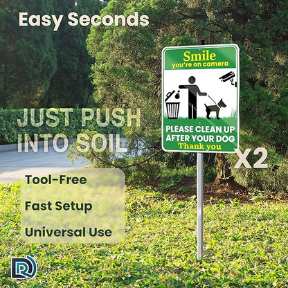 Clean Up After Your Dog Signs, Smile Youre on Camera Signs, 10 x 13 Inch Reflective Aluminum Outdoor Yard Signs with 28 Inch Metal Stake, 2 Pack
