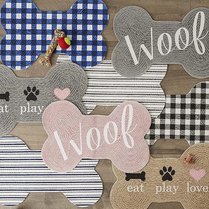 DII Braided Pet Mat Collection 100% Cotton, Bone Shape, Black/White Buffalo Check