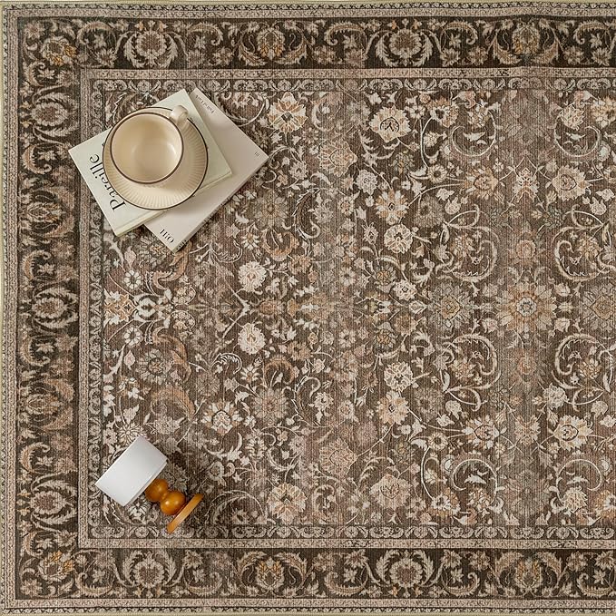 Brown Runner Rug 2x8 Washable Vintage Floral Long Carpet for Hallway Soft Low Pile Non Slip Indoor Accent Rug Retro Distressed Throw Rug for Bathroom Bedroom Laundry Dining Room