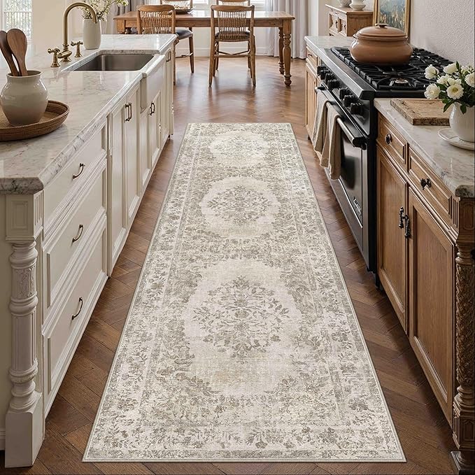 2x7 Runner Rug Beige Washable Hallway Kitchen Bedroom Vintage Distressed Bathroom Non Slip Medallion Floral Carpet Indoor Retro Throw Floor Mat for Office Dining Laundry Living Room