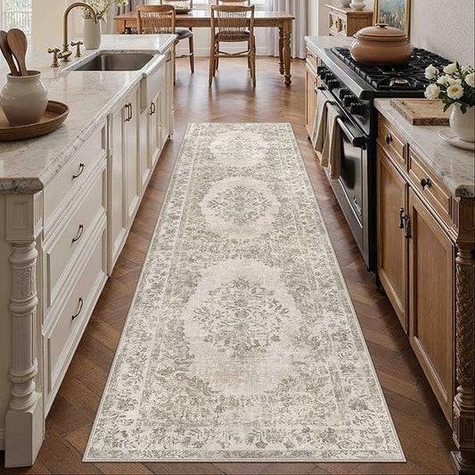 2'6"x8' Runner Rug Beige Washable Hallway Kitchen Bedroom Vintage Distressed Bathroom Non Slip Medallion Floral Carpet Indoor Retro Throw Floor Mat for Office Dining Laundry Living Room