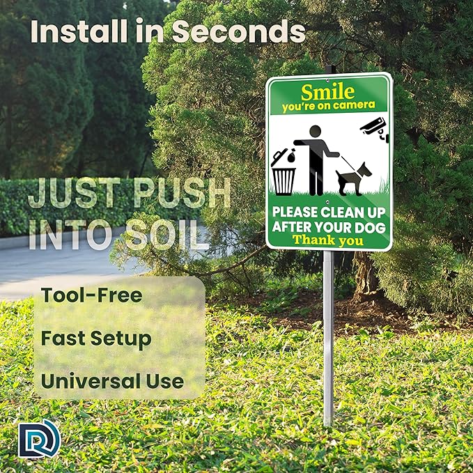 Clean Up After Your Dog Sign, Smile Youre on Camera Sign, 10 x 13 Inch Reflective Aluminum Outdoor Yard Sign with 28 Inch Metal Stake