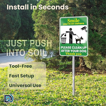Clean Up After Your Dog Sign, Smile Youre on Camera Sign, 10 x 13 Inch Reflective Aluminum Outdoor Yard Sign with 28 Inch Metal Stake