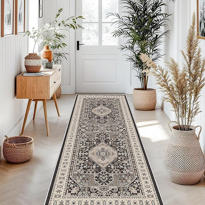 3x8 Kitchen Runner Rug Washable - Indoor Vintage Hallway Kitchen Rugs Non Slip Stain Resistant Carpet for Bedroom Dining Room Bathroom Foldable Low Pile Distressed Home Decor Mat 3x8 Black