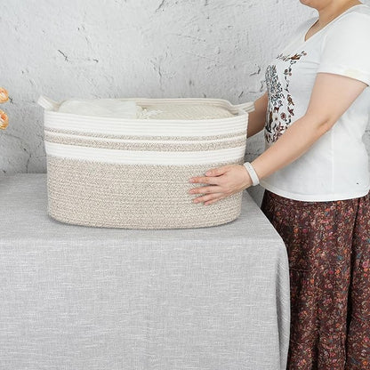 Large Rectangle Blankets Basket Living Room 22"x17"x12" Woven Cotton Rope Storage Baskets for Nursery Toy Baskets for Kids Wicker Laundry Basket Bin for Clothes Towels white brown