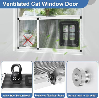 Adjustable Window Screen for Cats, Expandable Pet Screen Door, |Stainless Steel Mesh + Aluminum Frame| Cat Door for Window Insert, Replacement Window Screens with Frame,(15" H x 32" - 37" W)