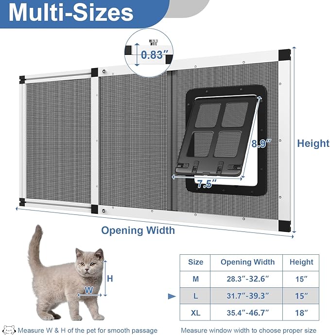 Adjustable Window Screen for Cats, Expandable Pet Screen Door, |Stainless Steel Mesh + Aluminum Frame| Cat Door for Window Insert, Replacement Window Screens with Frame,(15" H x 32" - 37" W)