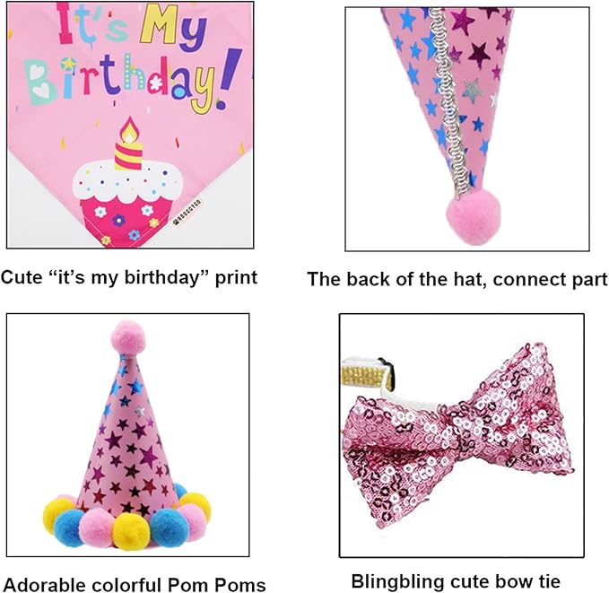 ADOGGYGO Dog Birthday Bandana Scarf and Dog Girl Birthday Party Hat with Cute Bow Tie for Extra Large Dogs Pets (X-Large)