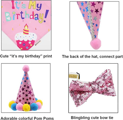 ADOGGYGO Dog Birthday Bandana Scarf and Dog Girl Birthday Party Hat with Cute Bow Tie for Extra Large Dogs Pets (X-Large)