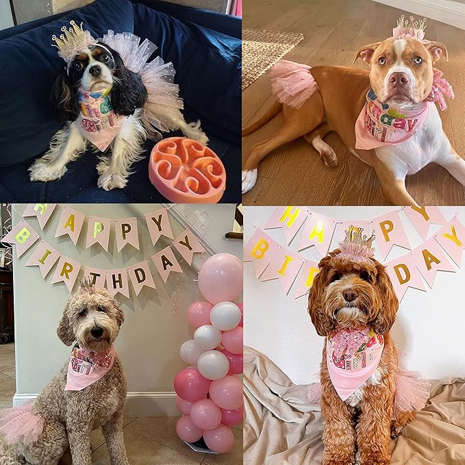 ADOGGYGO Dog Birthday Hat Bandana Girl - Pet Birthday Party Supplies - Pink Tutu Hat Scarf Bow Banner Set for X-Large Dogs (X-Large)