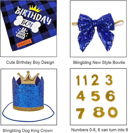 ADOGGYGO Dog Birthday Hat Bandana - Navy Blue Birthday Boy Dog Bandana Pet Party Hat with Numbers Bow and Happy Birthday Banner Set (Small)