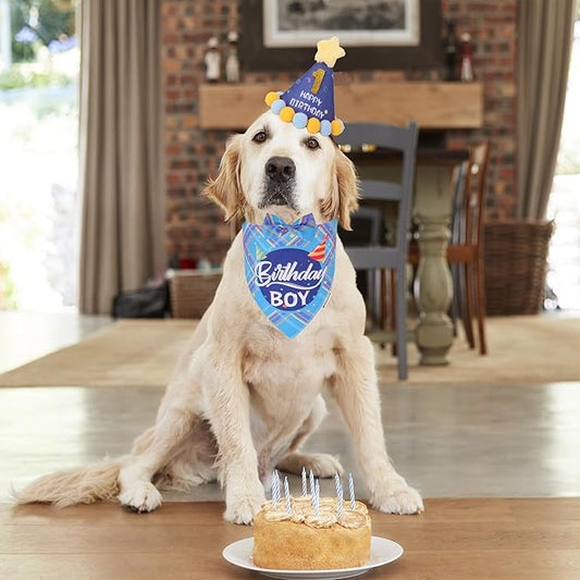 ADOGGYGO Dog Birthday Party Supplies, Blue Birthday Boy Bandana, Bowtie, Numbers, Party Hat for Extra Large Dogs (X-Large)