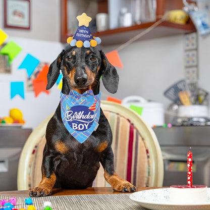 ADOGGYGO Dog Birthday Party Supplies, Blue Birthday Boy Puppy Bandana, Bowtie, Numbers, Party Hat for Small Dogs (Small)