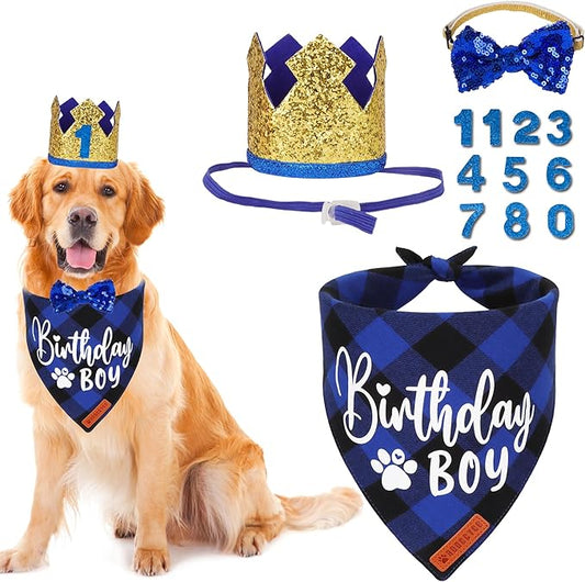 ADOGGYGO Dog Birthday Party Supplies, Blue Plaid Birthday Boy Dog Bandana, Golden Pet Party Hat with Numbers, Bowtie for Extra Large Pets (X-Large)