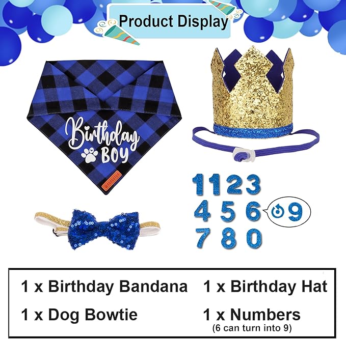 ADOGGYGO Dog Birthday Party Supplies, Blue Plaid Birthday Boy Dog Bandana, Golden Puppy Party Hat with Numbers, Bowtie for Small Puppies (Small)