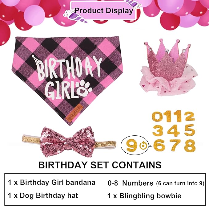 ADOGGYGO Dog Birthday Party Supplies, Multi Size Offered, Birthday Girl Dog Bandana, Pink Party Hat Crown with Numbers for Medium Large Dogs Pets (Large)