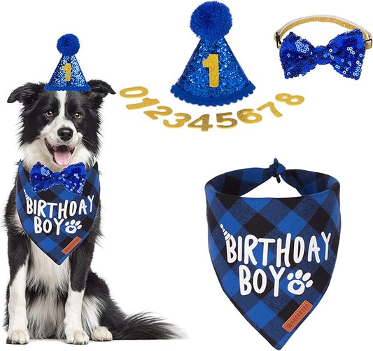 ADOGGYGO Dog Birthday Party Supplies, Multi Size Offered, Blue Birthday Boy Dog Bandana, Pet Party Hat with Numbers Bow for Medium Large Pets (Large)