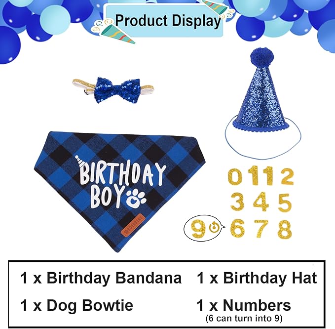 ADOGGYGO Dog Birthday Party Supplies, Multi Size Offered, Blue Dog Birthday Hat Bandana Numbers Bow Set for Large X-Large Dogs Pets (X-Large)