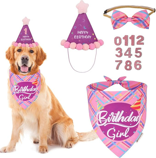 ADOGGYGO Dog Birthday Party Supplies, Pink Birthday Girl Pet Bandana Hat Bowtie Set for Large and Extra Large Dogs (X-Large)