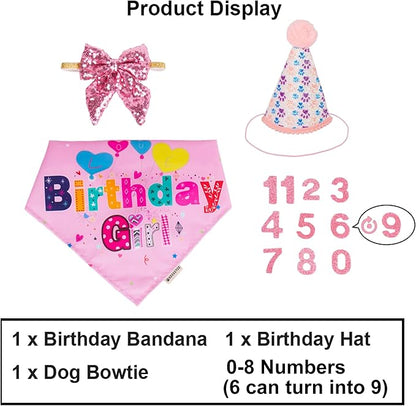 ADOGGYGO Dog Birthday Party Supplies, Pink Girl Puppy Birthday Bandana Hat Numbers Bow Set for Large and Extra Large Dogs (X-Large)