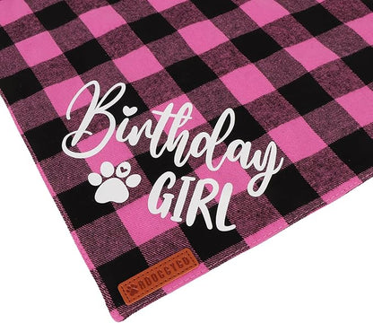 ADOGGYGO Dog Birthday Party Supplies, Pink Plaid Birthday Girl Dog Bandana, Golden Pet Party Hat with Numbers, Bowtie for Extra Large Pets (X-Large)