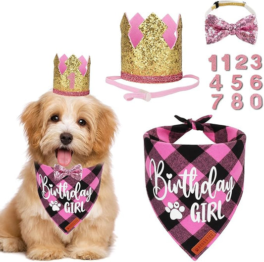 ADOGGYGO Dog Birthday Party Supplies, Pink Plaid Birthday Girl Dog Bandana, Golden Puppy Party Hat with Numbers, Bowtie for Small Puppies (Small)