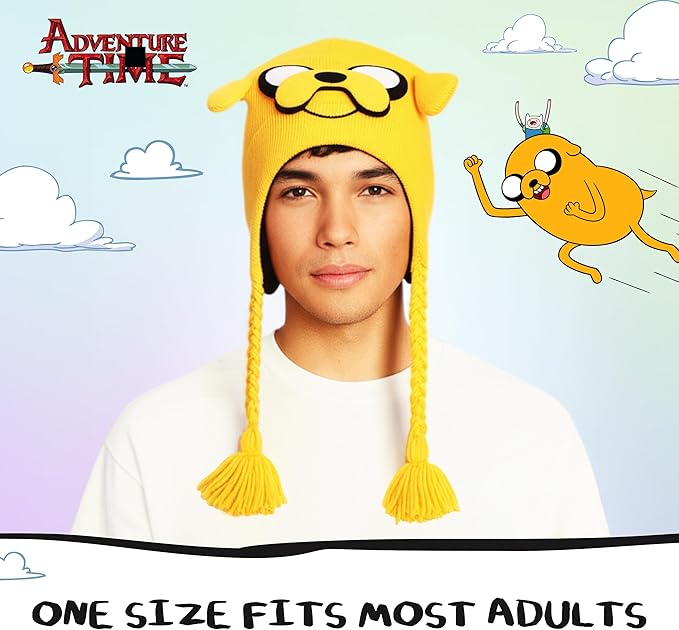 Adventure Time Beanie Hat, Jake The Dog Adult Cosplay Peruvian Winter Knit Cap with Tassels for Men and Women, Yellow, One Size