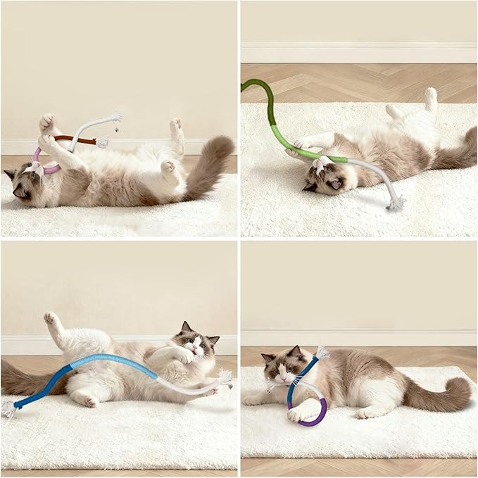 AGYM 4 Pack Interactive Cat Chew Rope Toys - Durable Hand-Woven Cotton Teaser Sticks with Jingle Bells - Safe Teeth Cleaning & Teething Toys for Indoor Cats, Kittens, and Aggressive Chewers