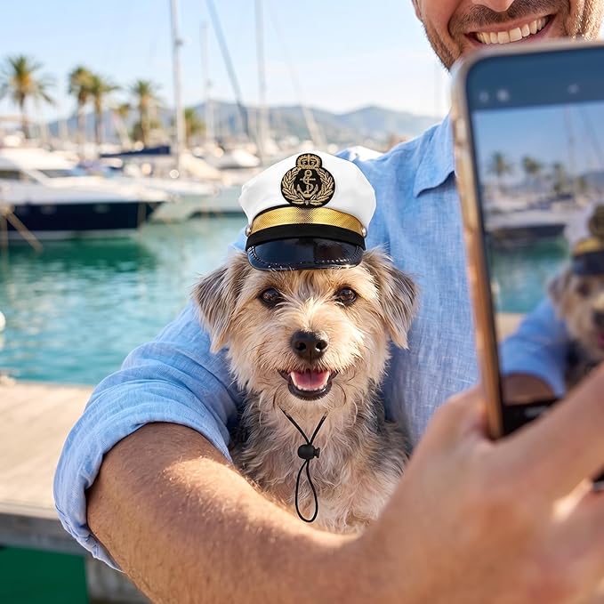 Amosfun Dog Captain Hat, Adjustable Pet Sailor Cap – Nautical Boating Photo Prop, Cute Costume Accessories for Puppies, Dogs, Cats