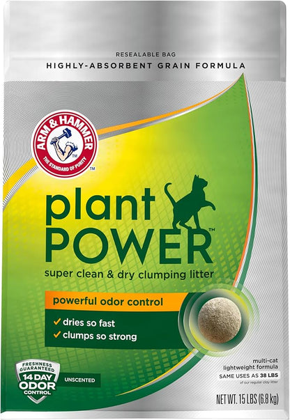 ARM & Hammer Plant Power Lightweight Plant-Based Clumping Cat Litter for Multi-Cat Homes, 14-Day Odor Control, Highly Absorbent Natural Grain Formula, Unscented 15 Lbs