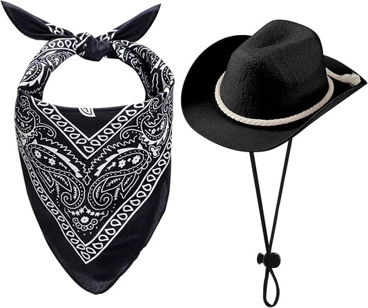 choyaxo Dog Cowboy Hat Dog Cowboy Costume for Small Pet Dogs Cat Cowboy Hat with Bandana Scarf Set Party Accessories (Black, Large)