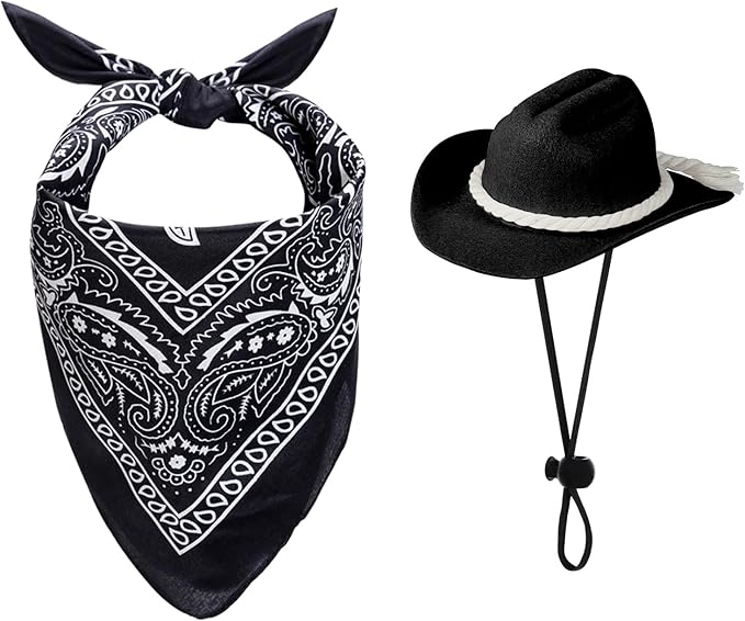 choyaxo Dog Cowboy Hat Dog Cowboy Costume for Small Pet Dogs Cat Cowboy Hat with Bandana Scarf Set Party Accessories (Black, Medium)