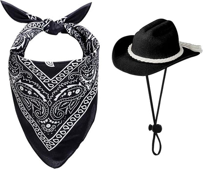 choyaxo Dog Cowboy Hat Dog Cowboy Costume for Small Pet Dogs Cat Cowboy Hat with Bandana Scarf Set Party Accessories (Black, Medium)