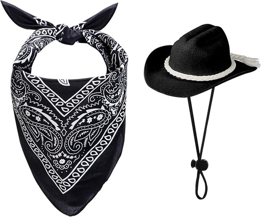choyaxo Dog Cowboy Hat Dog Cowboy Costume for Small Pet Dogs Cat Cowboy Hat with Bandana Scarf Set Party Accessories (Black, Medium)
