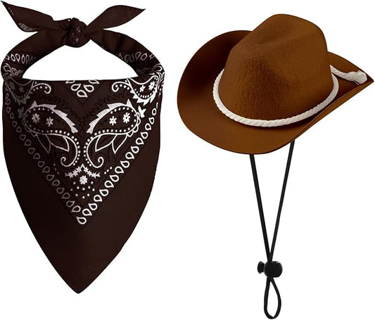 choyaxo Dog Cowboy Hat Dog Cowboy Costume for Small Pet Dogs Cat Cowboy Hat with Bandana Scarf Set Party Accessories (Brown, Large)