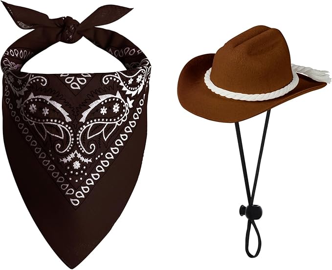 choyaxo Dog Cowboy Hat Dog Cowboy Costume for Small Pet Dogs Cat Cowboy Hat with Bandana Scarf Set Party Accessories (Brown, Medium)