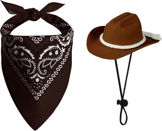 choyaxo Dog Cowboy Hat Dog Cowboy Costume for Small Pet Dogs Cat Cowboy Hat with Bandana Scarf Set Party Accessories (Brown, Medium)