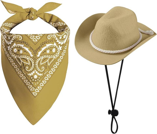 choyaxo Dog Cowboy Hat Dog Cowboy Costume for Small Pet Dogs Cat Cowboy Hat with Bandana Scarf Set Party Accessories (Khaki, Large)