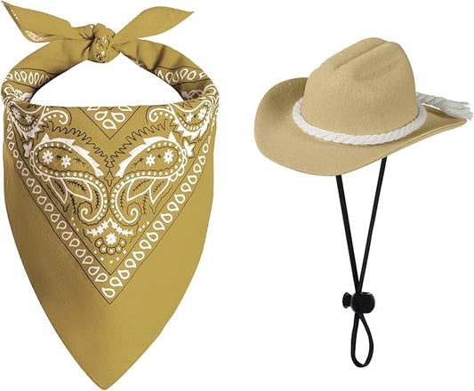 choyaxo Dog Cowboy Hat Dog Cowboy Costume for Small Pet Dogs Cat Cowboy Hat with Bandana Scarf Set Party Accessories (Khaki, Medium)