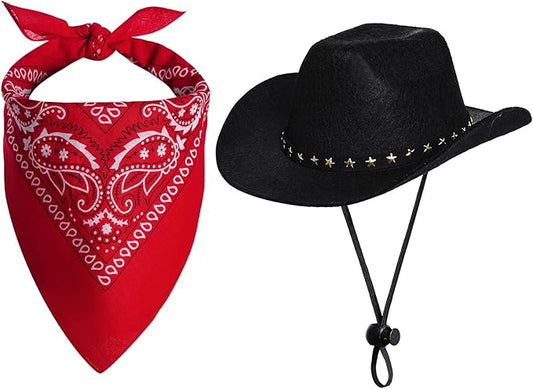 choyaxo Halloween Costumes for Dogs Cat Pet Cowboy Costume Cowboy Hat with Bandana Set for Halloween, Christmas, Holiday, Party, Cosplay (Black, Medium)