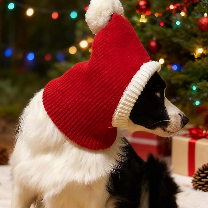 Christmas Dog Hat Costume for Large Medium Dog Warm Winter Dog Hat Neck Ear Warmer Headband Protector for Golden Retriever Labrador(Small, Red)
