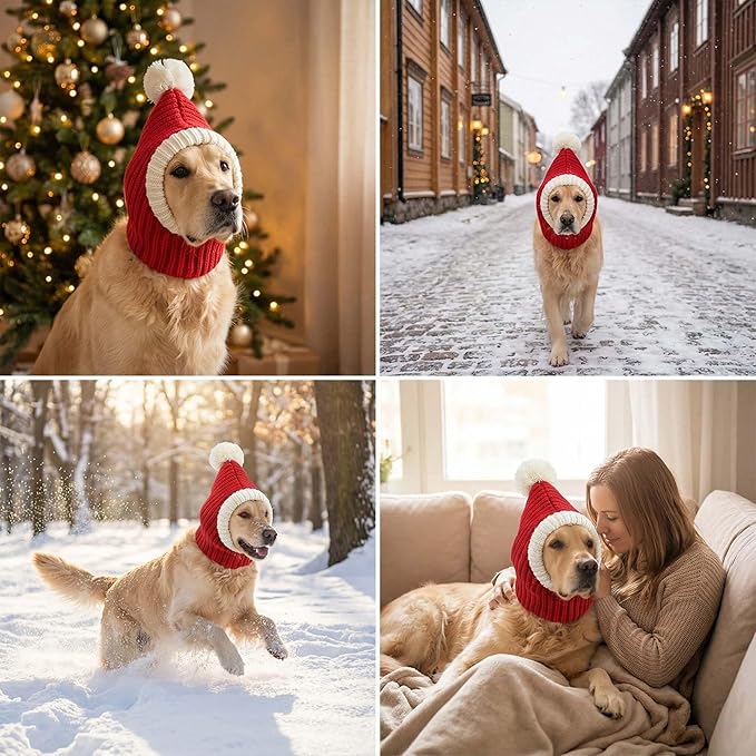 Christmas Dog Hat Costume for Large Medium Dog Warm Winter Dog Hat Neck Ear Warmer Headband Protector for Golden Retriever Labrador(Small, Red)