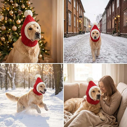 Christmas Dog Hat Costume for Large Medium Dog Warm Winter Dog Hat Neck Ear Warmer Headband Protector for Golden Retriever Labrador(Small, Red)